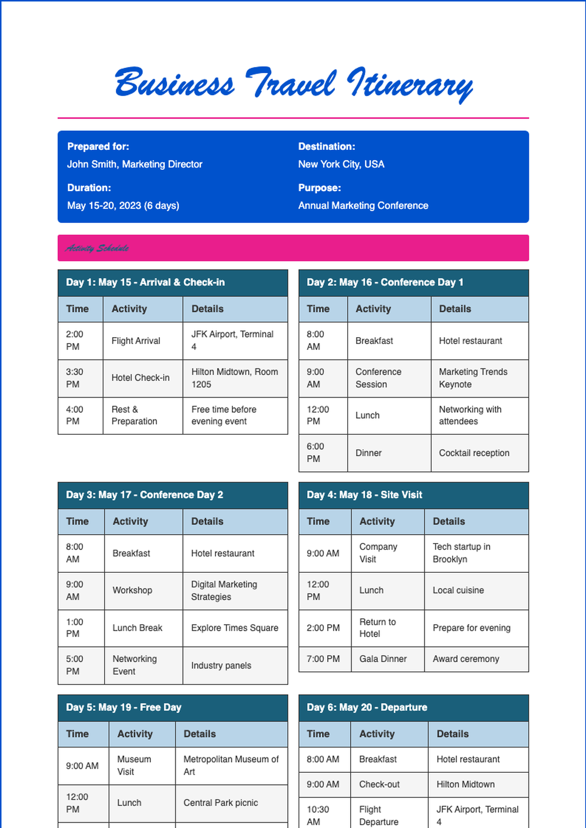 Business travel itinerary template with flight car rental hotel and activity sections_variant_3